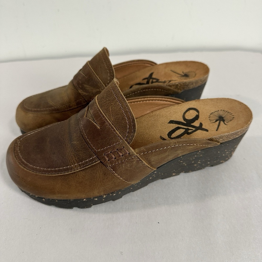 OTBT Homage Leather Penny Loafer Mules Women's 9M Brown Wedge Clogs Portugal